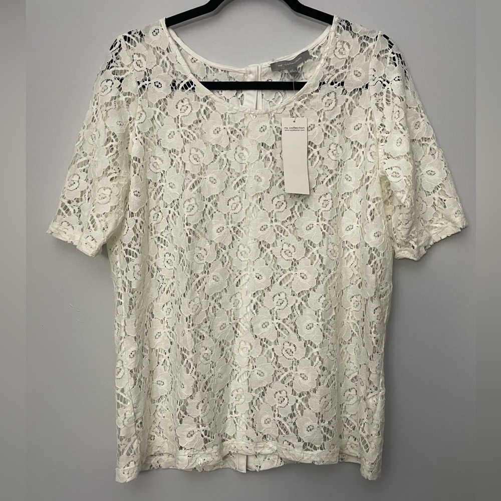 NY COLLECTION Floral Lace Sheer Short-Sleeved Blouse in Ivory Sz. L - NWT